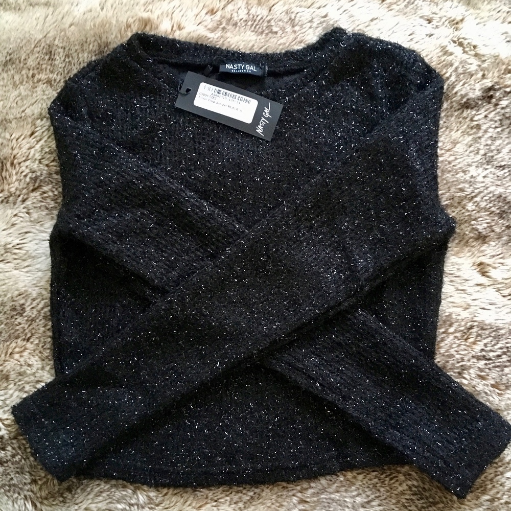 Nasty Gal Black Glitter/Tinsel Crop Sweater